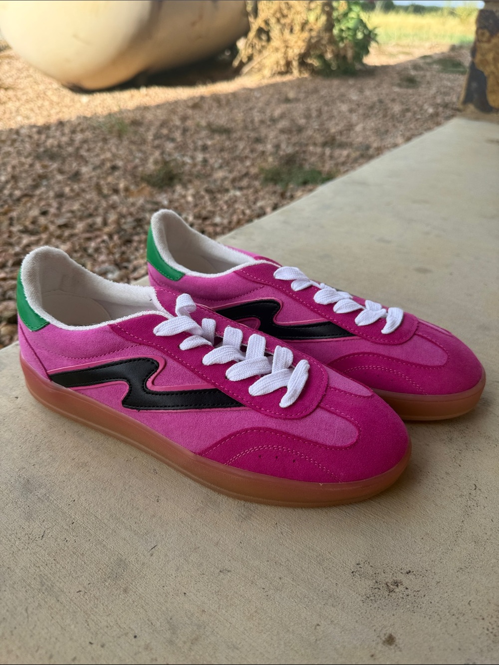 Madden Girl Bright Pink Low-Top Sneakers with Black Accent and Green Heel Tab